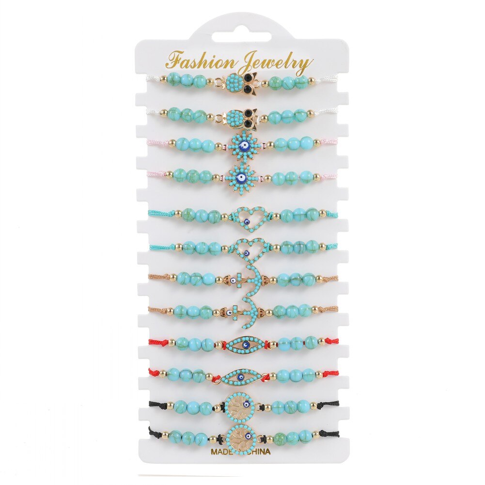12pcs Boho Bracelets Sets Owl Charm Bangles Blue Stone Evil Eye Beads Adjustable Bracelet Women Fashion Jewelry