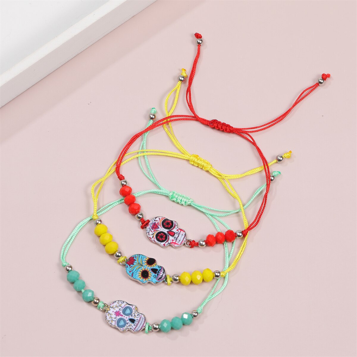 Enamel Skull Charms Elastic Bracelet for Women Adjustable Braided Rope Chain Rubber Band Wristband Jewelry Gift