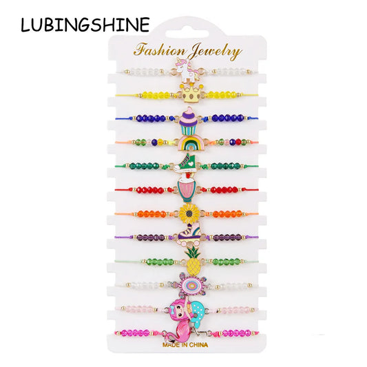 12pcs/lot Cartoon Oil Unicorn Flamingo Ice Cream Flower Pendant Charm Bracelet for Girls Adjustable Anklet Kids Jewelry