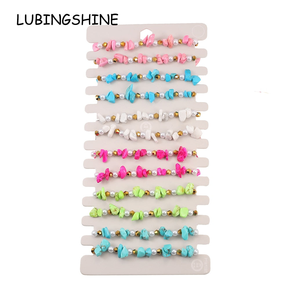 12pcs/lot Women Gravel Bracelet Natural Stone Bracelets&Bangles Braided Adjustable Chain Pearl Anklet Wristband Jewelry