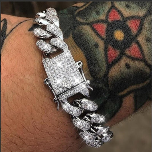 Hip Hop  Men Women Gold Silver Color Rhinestone Bracelet Bangles Resin Miami Cuban Link Chain Bracelets Wristband Punk Jewelry