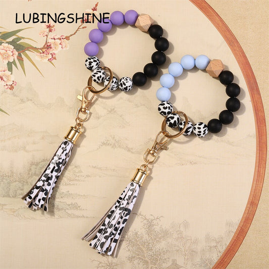 Trendy Silicone Beads Bracelets Bangles with Key Chain Candy Color Large Wristband Cuffs Beaded Bangle for Women