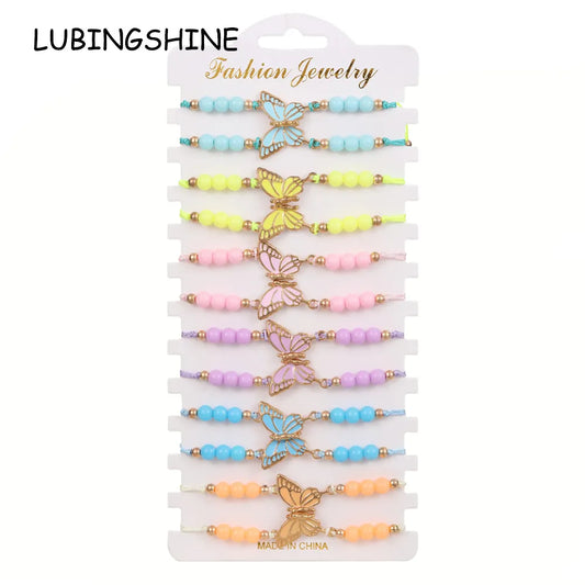 12pcs Color Painted Oil Butterfly Pendant Friendship Woven Bracelet for Women Men Adjustable Hand Woven Couple Jewelry