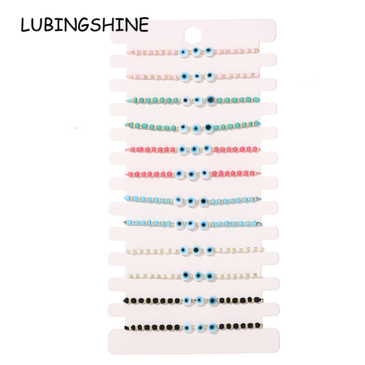 Boho 12pcs/lot Evil Eye Resin Beads Bracelet for Women Adjustable Woven Crystal Chain Summer Anklet Jewelry Wholesale