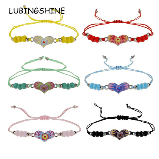 Enamel Charms Elastic Heart Pendant Bracelet for Women Adjustable Braided Rope Chain Crystal Bead Wristband Bracelet Jewelry