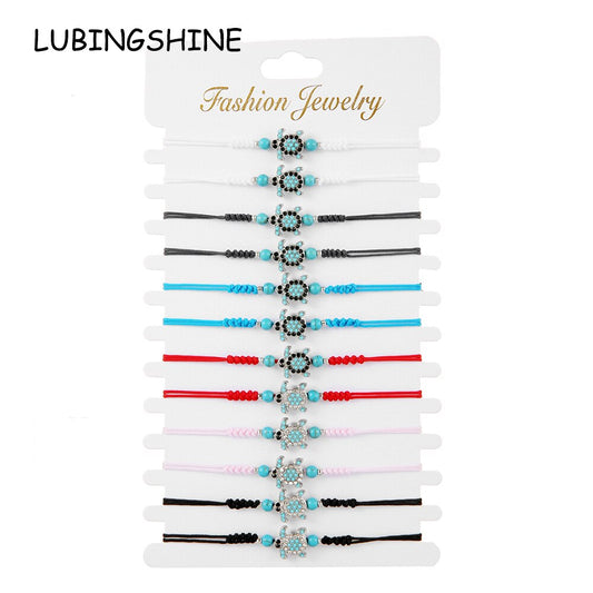 Boho 12pcs/lot Ocean Turtle Charms Bracelets Handmade Adjustable Rope Chain Yoga Wristband for Women Holiday Jewelry