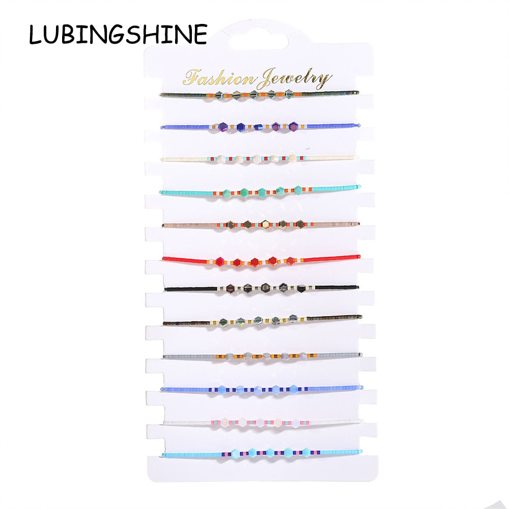 12pcs/Sets Colorful Crystal Beads Braided Bracelets for Women Child Adjustable Charms Rope Chain Anklets Girl Jewelry Wholesale